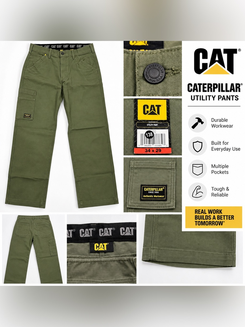 Caterpillar Olive Green Cargo Utility Pants 34 x 29